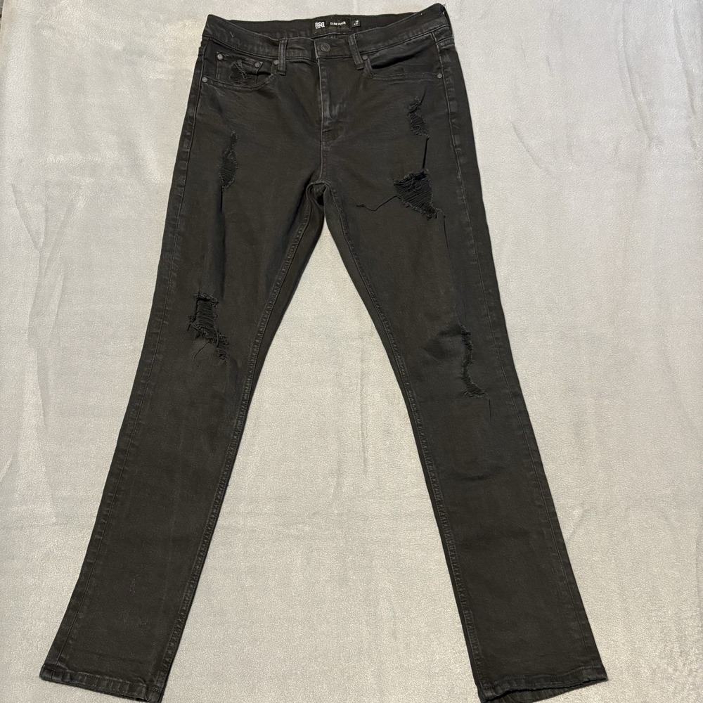 RSQ Jeans Mens 32x32 Black Slim‎ Taper Distressed Ripped Trashed Stretchy Grunge